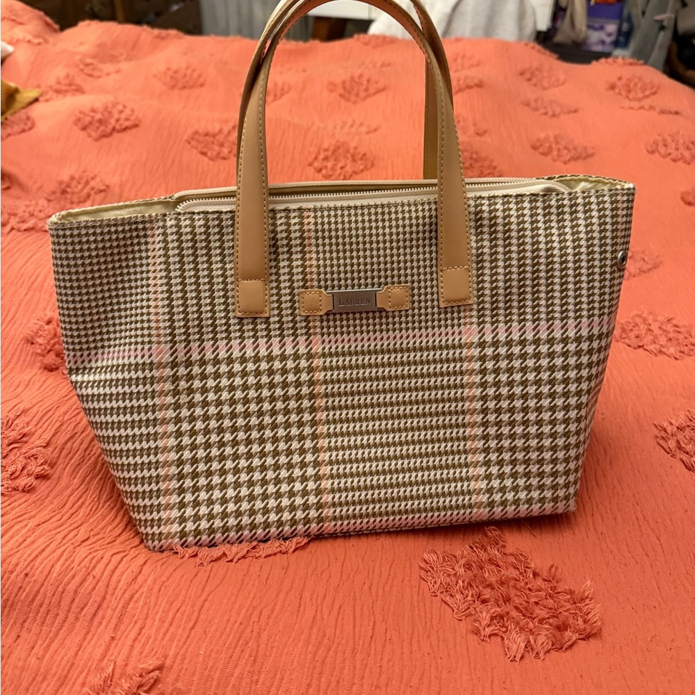 Ralph Lauren Tan and Brown Houndstooth Handbag